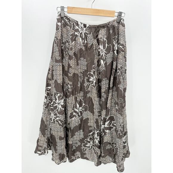 Charter Club Skirt Women 4 Brown White Floral Print Elastic Waist 100% Silk Maxi - Picture 2 of 7